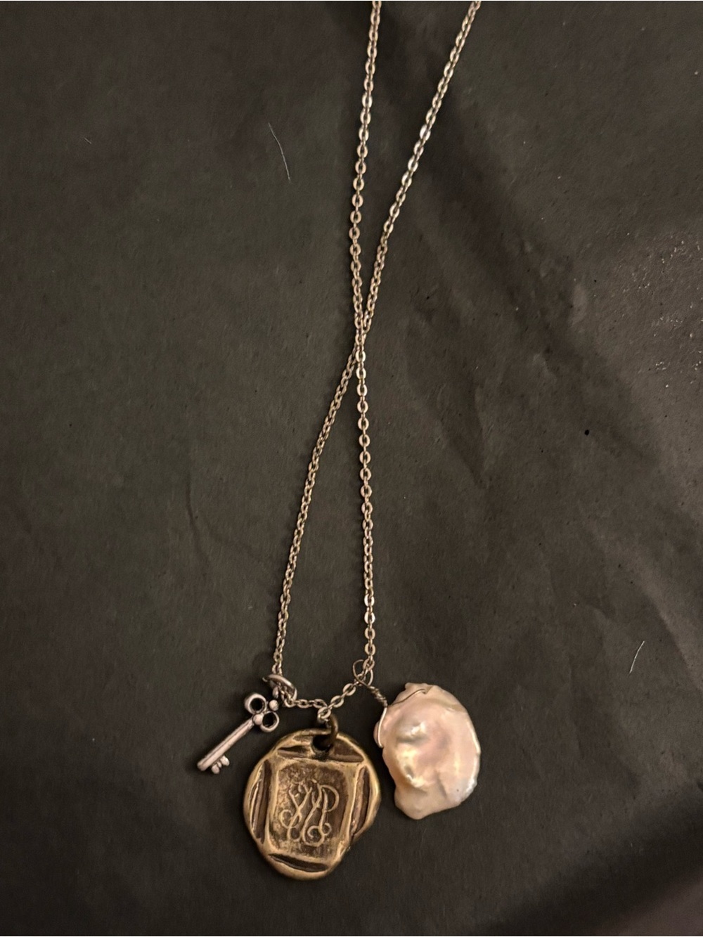 Coldwater Creek Silver-Tone Key, Monogram Medallion & Pearl Drop Necklace